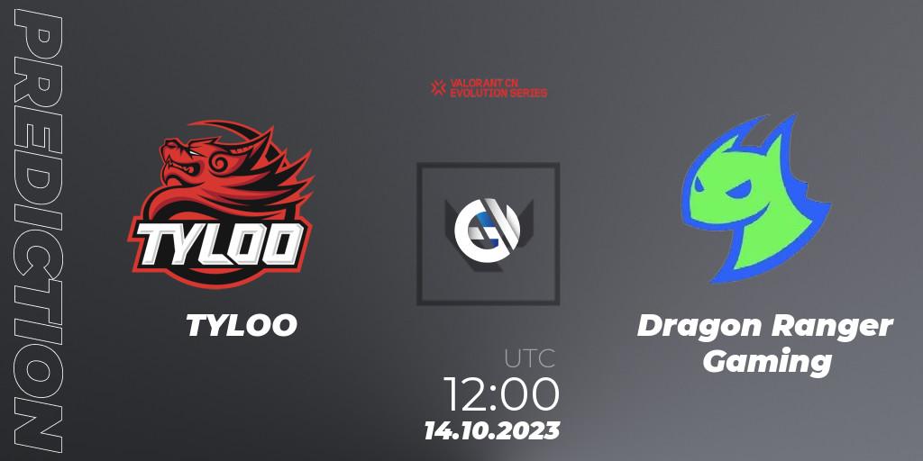 TYLOO contre Dragon Ranger Gaming : prédiction de match. 14.10.2023 at 12:00. VALORANT, VALORANT China Evolution Series Act 2: Selection - Play-In