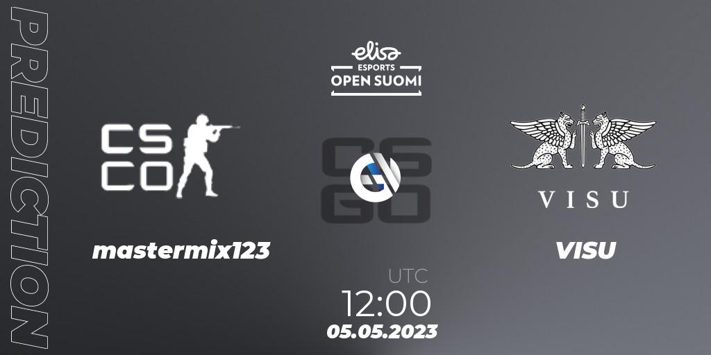 mastermix123 contre VISU : prédiction de match. 05.05.2023 at 13:00. Counter-Strike (CS2), Elisa Open Suomi Season 5
