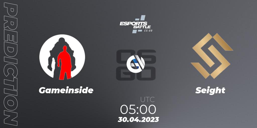 Gameinside contre Seight : prédiction de match. 30.04.2023 at 05:00. Counter-Strike (CS2), ESportsBattle Season 17