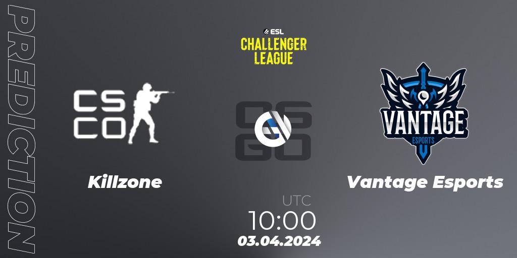 Killzone contre Vantage Esports : prédiction de match. 03.04.2024 at 10:45. Counter-Strike (CS2), ESL Challenger League Season 47: Oceania