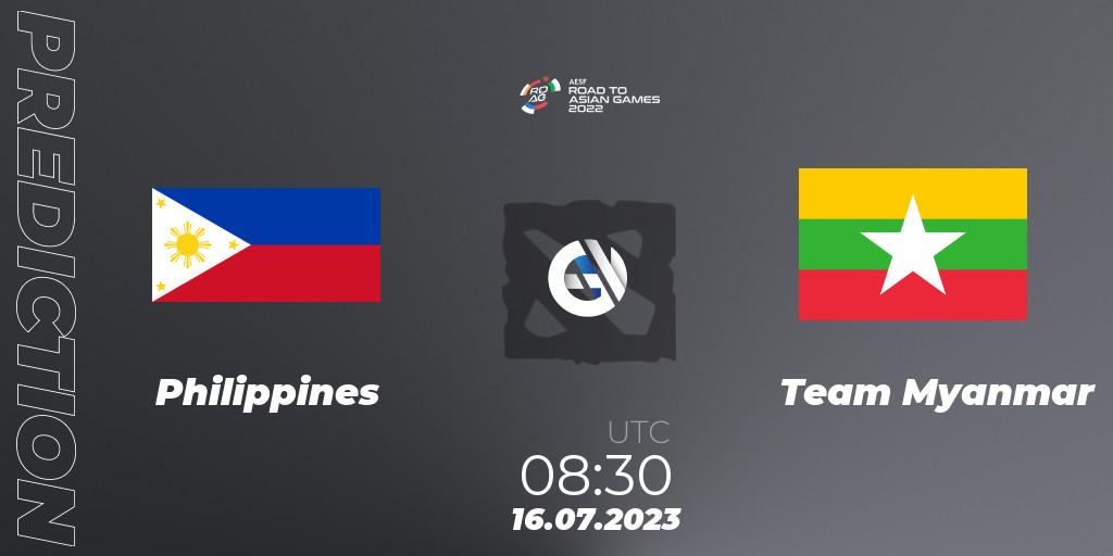 Philippines contre Team Myanmar : prédiction de match. 16.07.2023 at 08:30. Dota 2, 2022 AESF Road to Asian Games - Southeast Asia