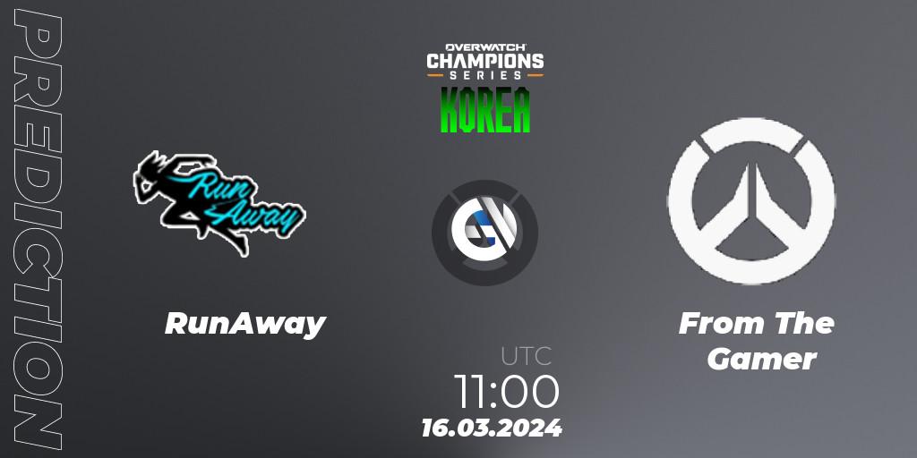 RunAway contre From The Gamer : prédiction de match. 16.03.2024 at 11:00. Overwatch, Overwatch Champions Series 2024 - Stage 1 Korea