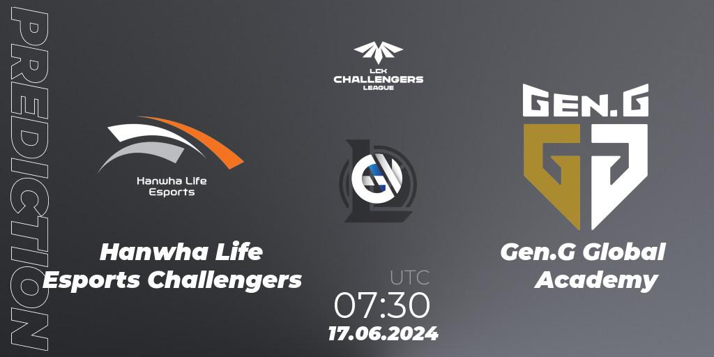 Hanwha Life Esports Challengers contre Gen.G Global Academy : prédiction de match. 17.06.2024 at 07:30. LoL, LCK Challengers League 2024 Summer - Group Stage