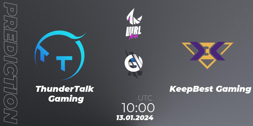 ThunderTalk Gaming contre KeepBest Gaming : prédiction de match. 13.01.2024 at 10:00. Wild Rift, WRL Asia 2023 - Season 2: China Conference