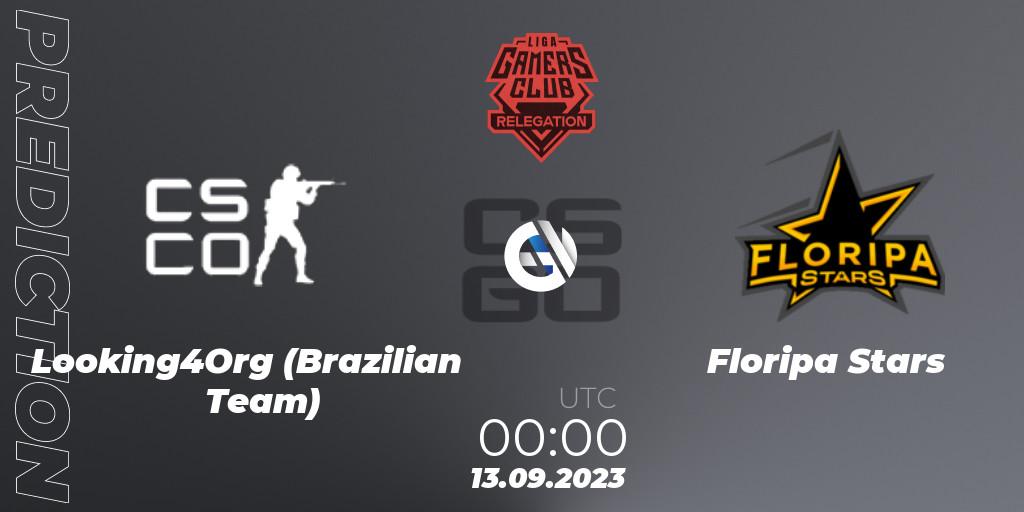 Looking4Org (Brazilian Team) contre Floripa Stars : prédiction de match. 12.09.2023 at 21:00. Counter-Strike (CS2), Gamers Club Liga Série A Relegation: September 2023