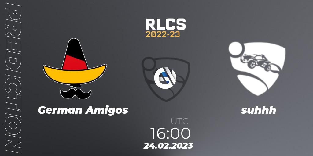 German Amigos contre suhhh : prédiction de match. 24.02.2023 at 16:00. Rocket League, RLCS 2022-23 - Winter: Europe Regional 3 - Winter Invitational