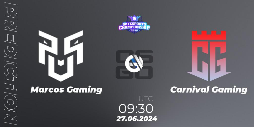 Marcos Gaming contre Carnival Gaming : prédiction de match. 27.06.2024 at 09:30. Counter-Strike (CS2), Skyesports Championship 2024: Indian Qualifier
