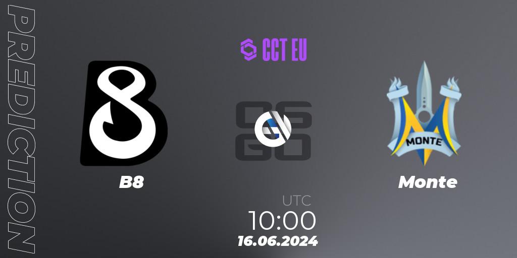 B8 contre Monte : prédiction de match. 16.06.2024 at 10:00. Counter-Strike (CS2), CCT Season 2 Europe Series 5