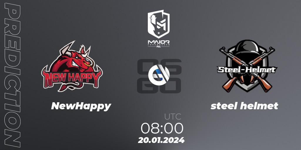 NewHappy contre steel helmet : prédiction de match. 20.01.2024 at 08:00. Counter-Strike (CS2), PGL CS2 Major Copenhagen 2024 China RMR Closed Qualifier
