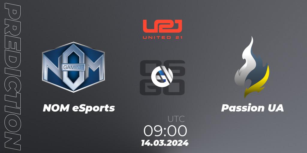 NOM eSports contre Passion UA : prédiction de match. 14.03.2024 at 09:00. Counter-Strike (CS2), United21 Season 13