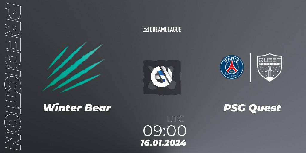 Winter Bear contre PSG Quest : prédiction de match. 16.01.2024 at 09:06. Dota 2, DreamLeague Season 22: MENA Closed Qualifier