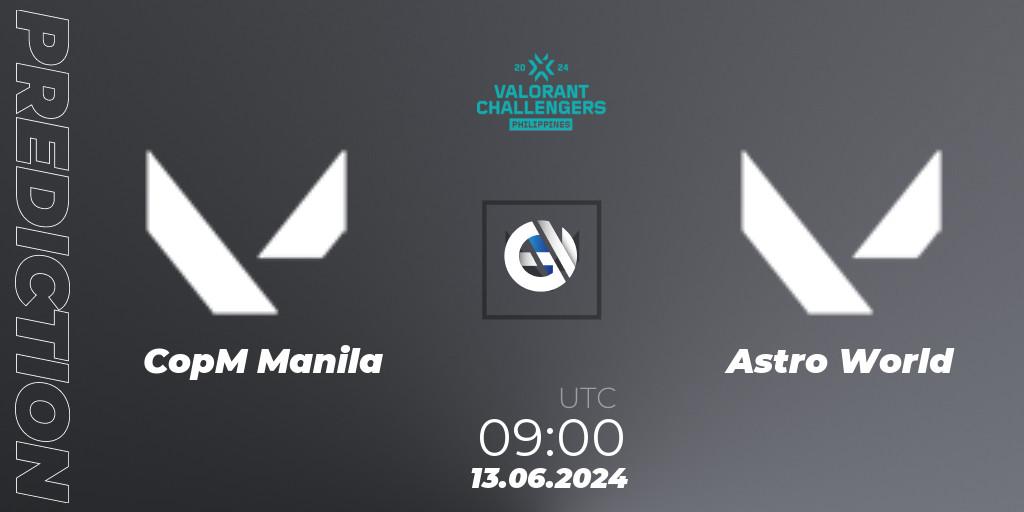 CopM Manila contre Astro World : prédiction de match. 13.06.2024 at 09:00. VALORANT, VALORANT Challengers 2024 Philippines: Split 2