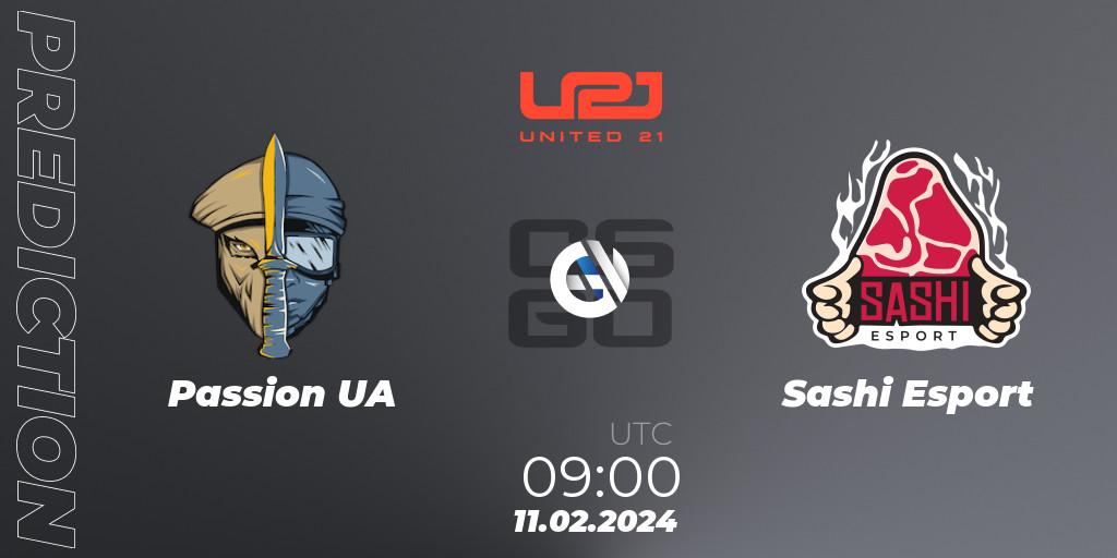 Passion UA contre Sashi Esport : prédiction de match. 11.02.2024 at 09:30. Counter-Strike (CS2), United21 Season 11