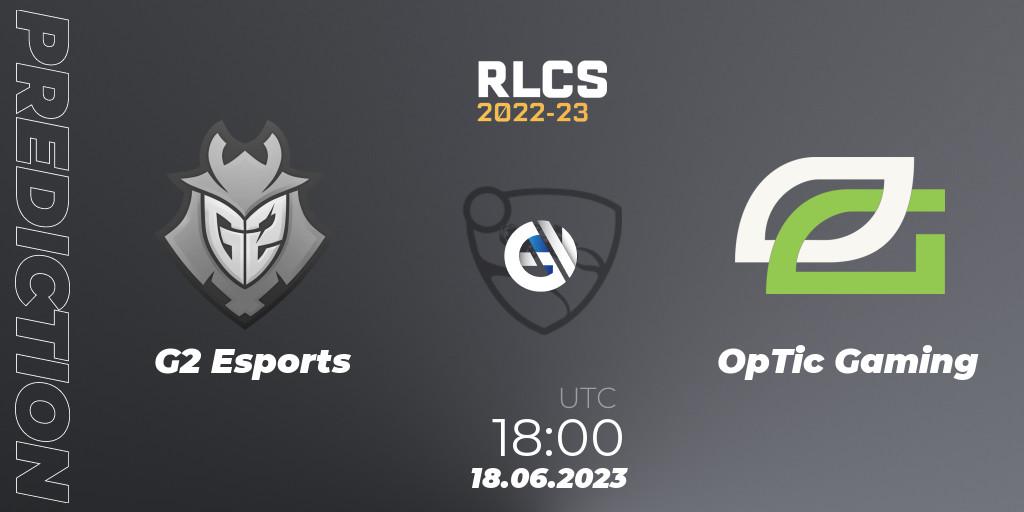 G2 Esports contre OpTic Gaming : prédiction de match. 18.06.2023 at 18:00. Rocket League, RLCS 2022-23 - Spring: North America Regional 3 - Spring Invitational