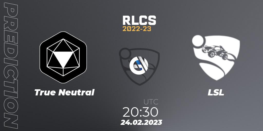 True Neutral contre LSL : prédiction de match. 24.02.2023 at 20:30. Rocket League, RLCS 2022-23 - Winter: South America Regional 3 - Winter Invitational