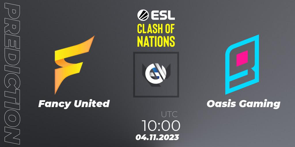 Fancy United contre Oasis Gaming : prédiction de match. 04.11.2023 at 12:30. VALORANT, ESL Clash of Nations 2023 - SEA Closed Qualifier