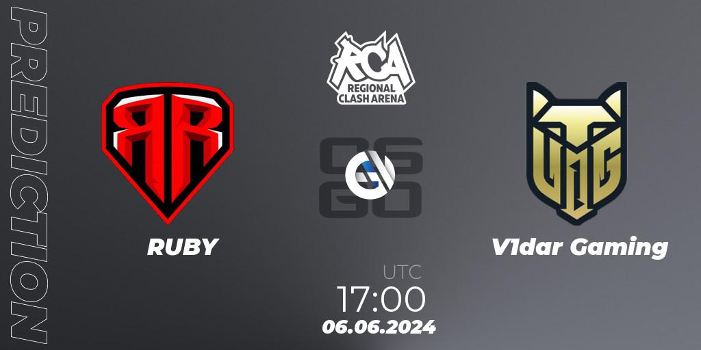 RUBY contre V1dar Gaming : prédiction de match. 06.06.2024 at 17:00. Counter-Strike (CS2), Regional Clash Arena CIS