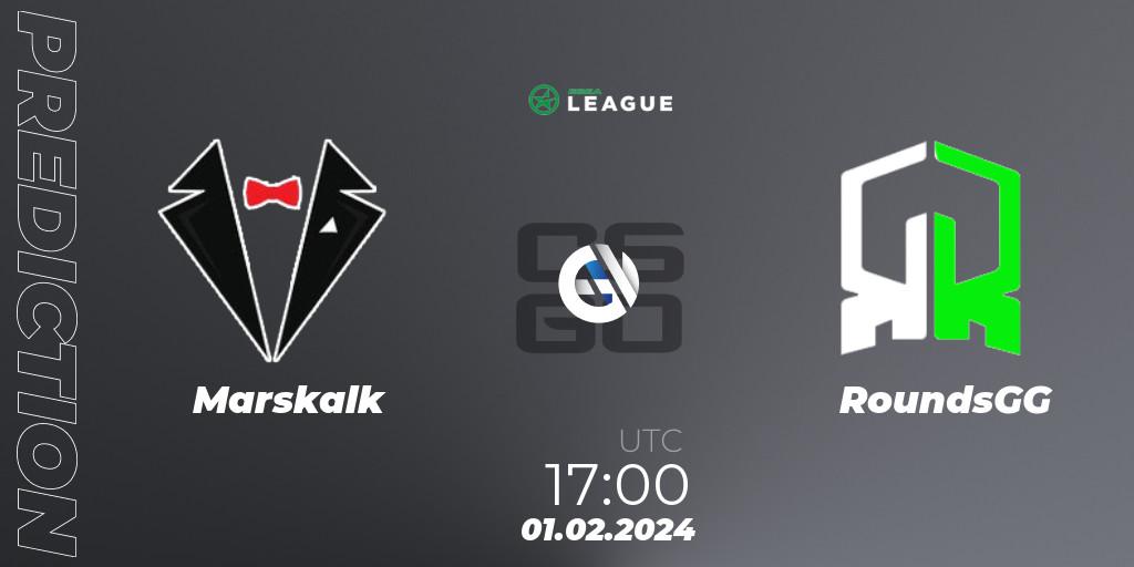 Marskalk contre RoundsGG : prédiction de match. 01.02.2024 at 17:00. Counter-Strike (CS2), ESEA Season 48: Advanced Division - Europe