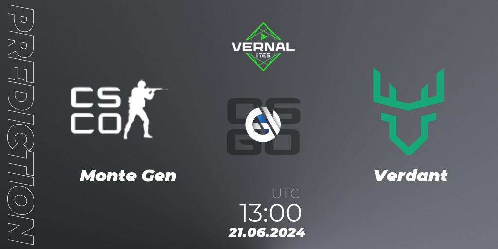Monte Gen contre Verdant : prédiction de match. 21.06.2024 at 13:00. Counter-Strike (CS2), ITES Vernal