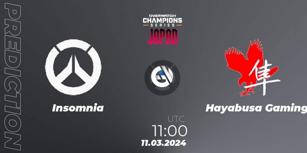 Insomnia contre Hayabusa Gaming : prédiction de match. 11.03.2024 at 12:00. Overwatch, Overwatch Champions Series 2024 - Stage 1 Japan