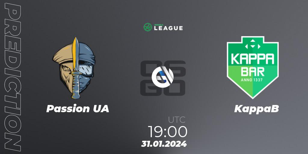 Passion UA contre KappaB : prédiction de match. 31.01.2024 at 19:00. Counter-Strike (CS2), ESEA Season 48: Advanced Division - Europe