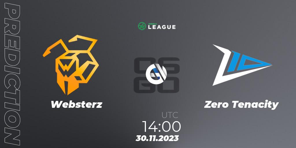 Websterz contre Zero Tenacity : prédiction de match. 30.11.2023 at 14:00. Counter-Strike (CS2), ESEA Season 47: Advanced Division - Europe