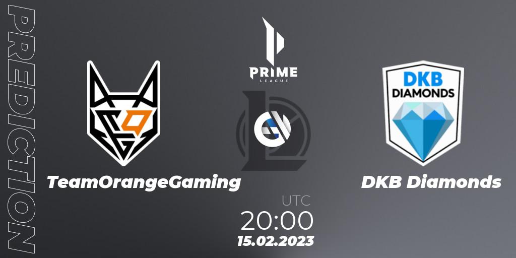 TeamOrangeGaming contre DKB Diamonds : prédiction de match. 15.02.2023 at 20:00. LoL, Prime League 2nd Division Spring 2023 - Group Stage