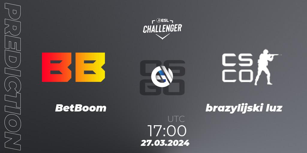 BetBoom contre brazylijski luz : prédiction de match. 27.03.2024 at 17:00. Counter-Strike (CS2), ESL Challenger #57: European Open Qualifier