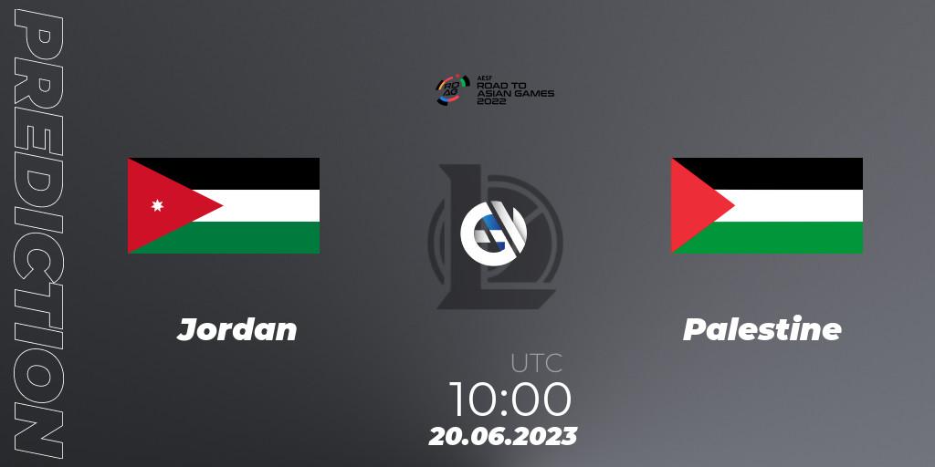 Jordan contre Palestine : prédiction de match. 20.06.2023 at 10:00. LoL, 2022 AESF Road to Asian Games - West Asia