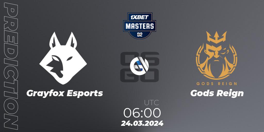 Grayfox Esports contre Gods Reign : prédiction de match. 24.03.2024 at 06:00. Counter-Strike (CS2), Dust2.in Masters #8