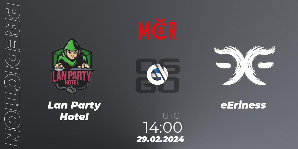 Lan Party Hotel contre eEriness : prédiction de match. 29.02.2024 at 14:00. Counter-Strike (CS2), Tipsport Cup Winter 2024: Closed Qualifier