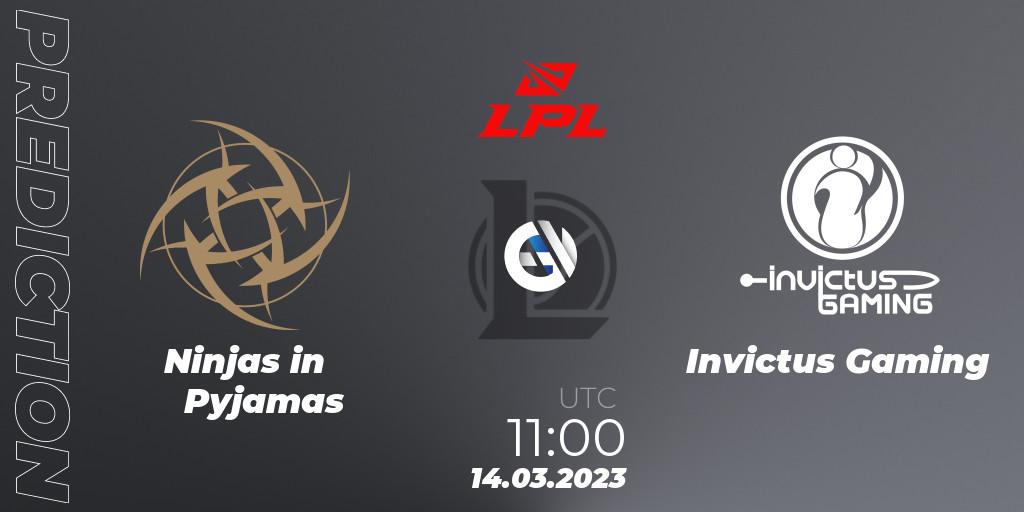 Ninjas in Pyjamas contre Invictus Gaming : prédiction de match. 14.03.2023 at 11:00. LoL, LPL Spring 2023 - Group Stage
