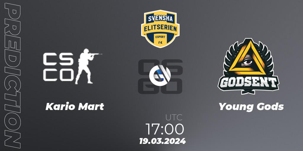 Kario Mart contre Young Gods : prédiction de match. 19.03.2024 at 17:00. Counter-Strike (CS2), Svenska Elitserien Spring 2024