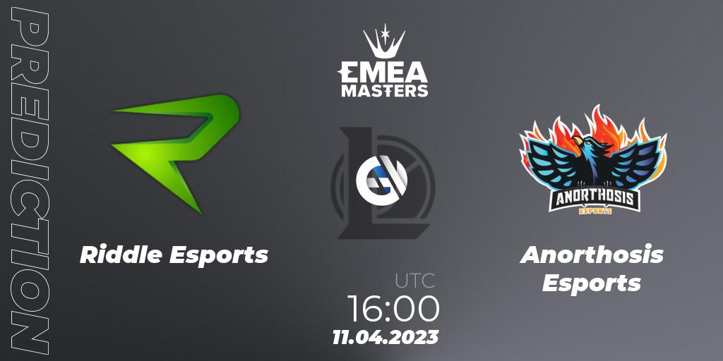 Riddle Esports contre Anorthosis Esports : prédiction de match. 11.04.2023 at 16:00. LoL, EMEA Masters Spring 2023 - Group Stage