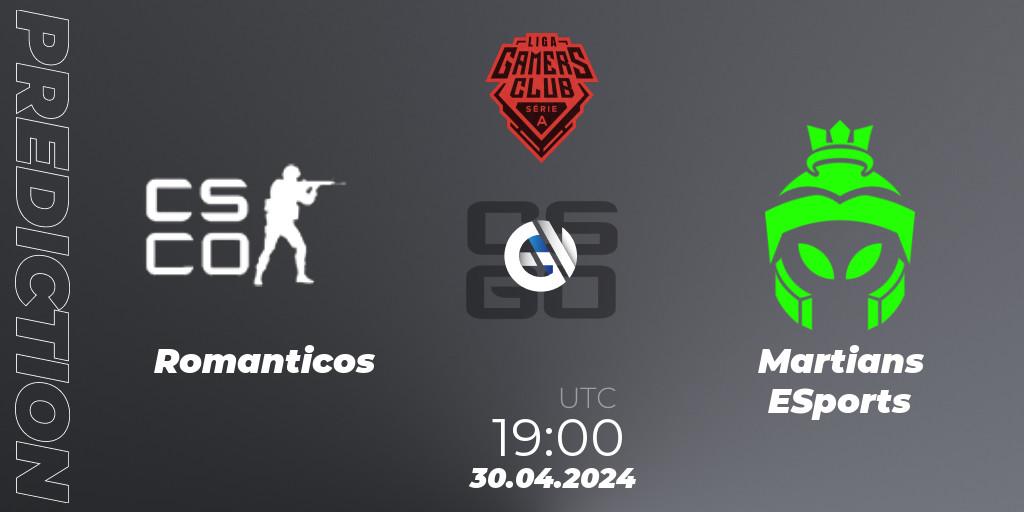 Romanticos contre Martians ESports : prédiction de match. 30.04.2024 at 19:00. Counter-Strike (CS2), Gamers Club Liga Série A: April 2024