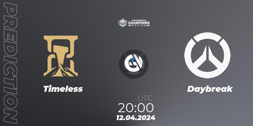 Timeless contre Daybreak : prédiction de match. 12.04.2024 at 20:00. Overwatch, Overwatch Champions Series 2024 - North America Stage 2 Group Stage