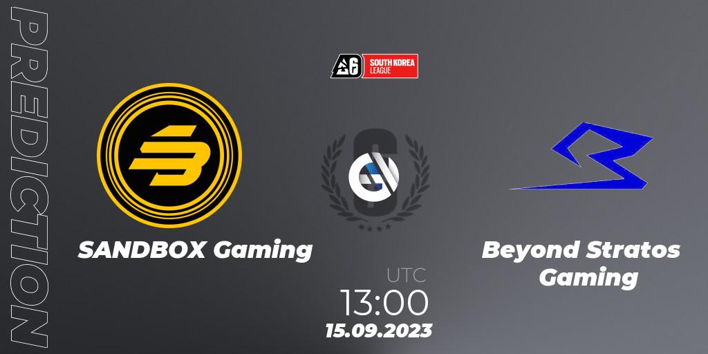SANDBOX Gaming contre Beyond Stratos Gaming : prédiction de match. 15.09.2023 at 13:00. Rainbow Six, South Korea League 2023 - Stage 2