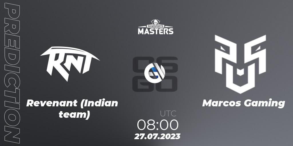 Revenant (Indian team) contre Marcos Gaming : prédiction de match. 27.07.2023 at 11:00. Counter-Strike (CS2), Skyesports Masters 2023: Regular Season