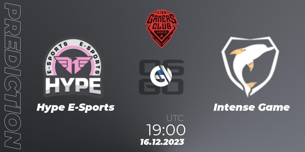 Hype E-Sports contre Intense Game : prédiction de match. 16.12.2023 at 19:00. Counter-Strike (CS2), Gamers Club Liga Série A: December 2023