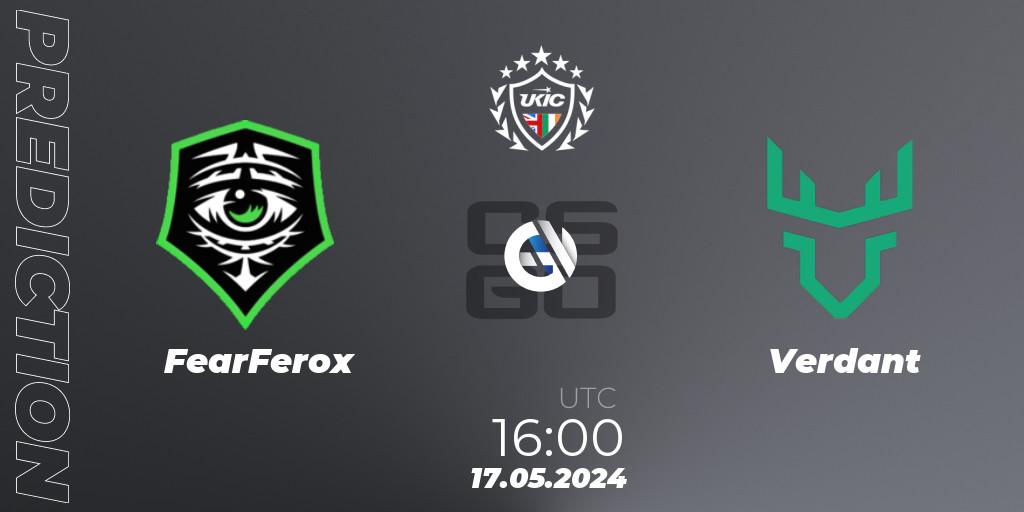 FearFerox contre Verdant : prédiction de match. 17.05.2024 at 20:00. Counter-Strike (CS2), UKIC League Season 2: Division 1