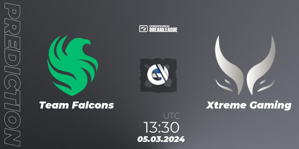 Team Falcons contre Xtreme Gaming : prédiction de match. 05.03.2024 at 13:30. Dota 2, DreamLeague Season 22
