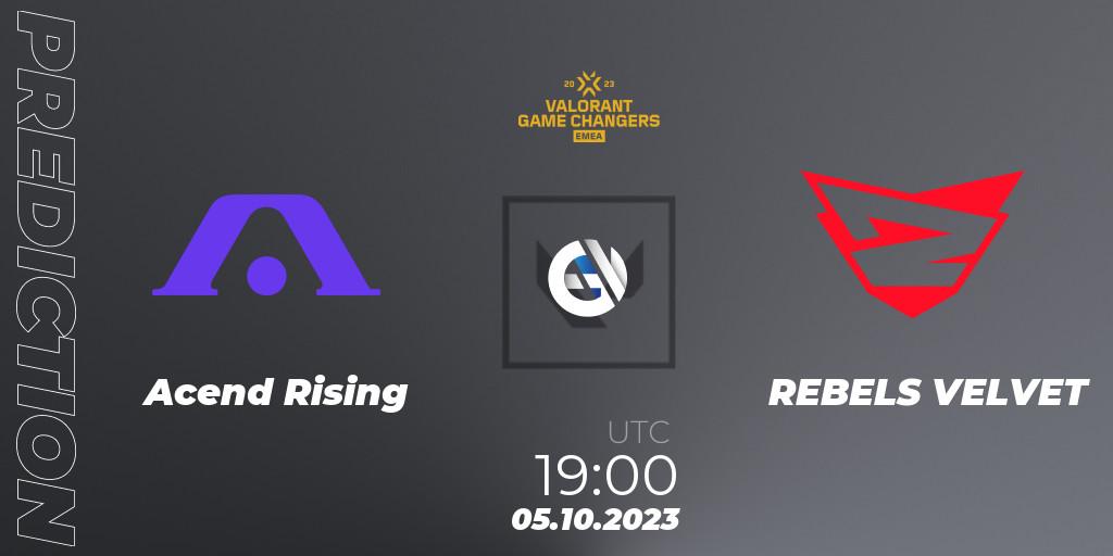Acend Rising contre REBELS VELVET : prédiction de match. 05.10.2023 at 19:20. VALORANT, VCT 2023: Game Changers EMEA Stage 3 - Playoffs