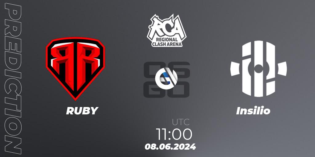 RUBY contre Insilio : prédiction de match. 08.06.2024 at 11:00. Counter-Strike (CS2), Regional Clash Arena CIS