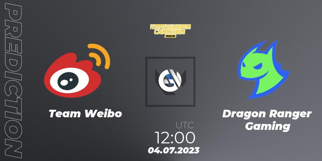 Team Weibo contre Dragon Ranger Gaming : prédiction de match. 04.07.2023 at 12:00. VALORANT, VALORANT Champions Tour 2023: China Qualifier