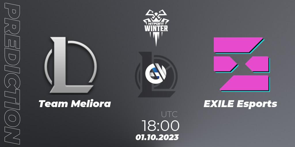 Team Meliora contre EXILE Esports : prédiction de match. 01.10.2023 at 18:00. LoL, Hitpoint Masters Winter 2023 - Group Stage