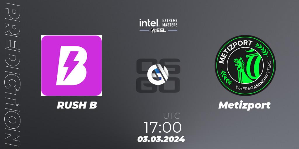 RUSH B contre Metizport : prédiction de match. 03.03.2024 at 17:00. Counter-Strike (CS2), Intel Extreme Masters Dallas 2024: European Open Qualifier #1