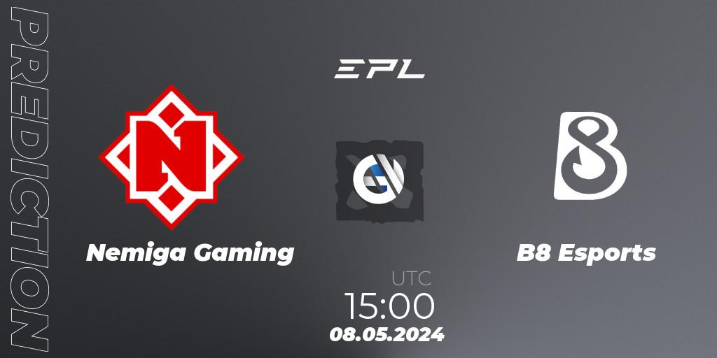 Nemiga Gaming contre B8 Esports : prédiction de match. 08.05.2024 at 16:00. Dota 2, European Pro League Season 18