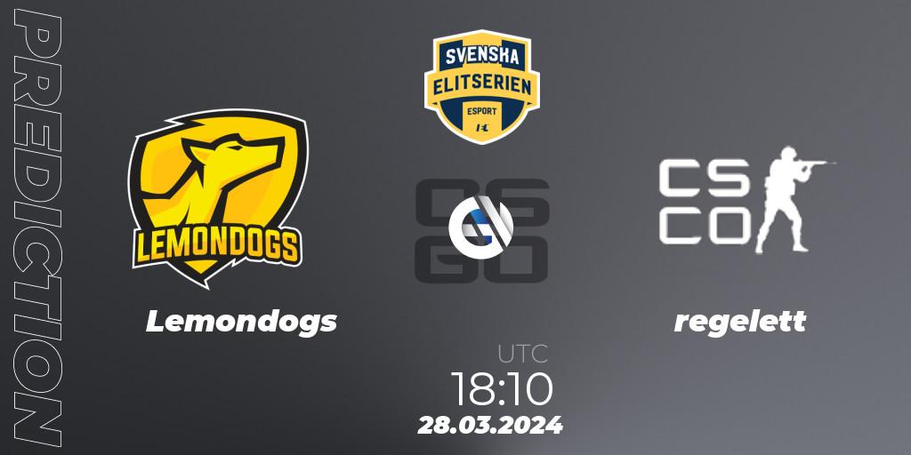 Lemondogs contre regelett : prédiction de match. 28.03.2024 at 18:10. Counter-Strike (CS2), Svenska Elitserien Spring 2024