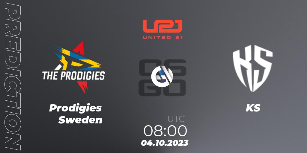 Prodigies Sweden contre KS : prédiction de match. 04.10.2023 at 12:30. Counter-Strike (CS2), United21 Season 6