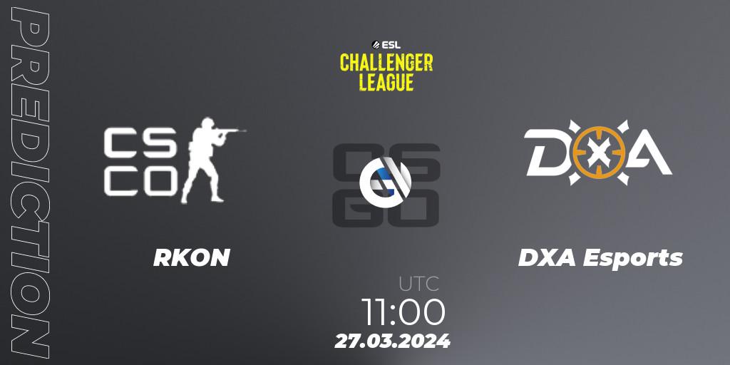 RKON contre DXA Esports : prédiction de match. 27.03.2024 at 11:00. Counter-Strike (CS2), ESL Challenger League Season 47: Oceania